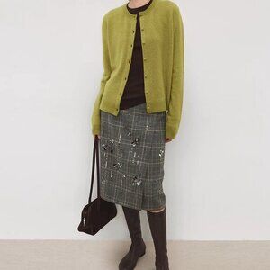 CHICJOC Heavy Wool Plaid Midi Skirt with Hand Beading – NWT – Size 38